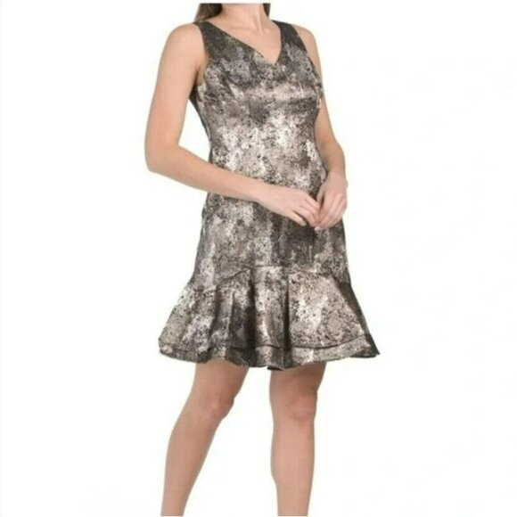 Natori Metallic Jacquard Dress Size 8 | Silver Gold Sleeveless Cocktail Party - Picture 9 of 10